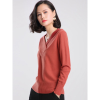 恒源祥女士羊毛衫修身V领纯色针织打底衫100%羊毛 青果领女装毛衣