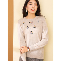 恒源祥嵌花纯羊毛衫女装2019秋冬中年图案毛衣复古亮钻点缀针织衫