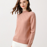 恒源祥半高领羊毛衫女装胸口镂空提花毛衣2019秋冬纯色套头针织衫