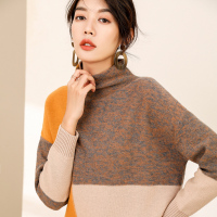 恒源祥2019新款拼色半高领羊毛衫女秋冬季宽松厚毛衣慵懒风针织衫
