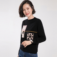 恒源祥羊毛衫女装圆领2019春秋嵌花休闲打底100%全羊毛针织衫毛衣