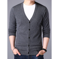 恒源祥羊毛衫男 2019秋新V领针织开衫男薄外套商务黑色毛衣打底衫