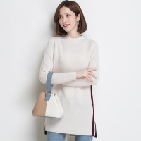 恒源祥女羊毛衫秋冬中长款侧开叉条纹撞色100%羊毛衣半高领针织衫