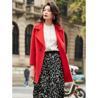 恒源祥毛呢大衣女中长款西装领秋冬双面纯色宽松厚纯羊毛呢子外套