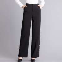 恒源祥2020春秋高腰阔腿裤女装纽扣点缀垂坠感纯色长裤时尚西装裤
