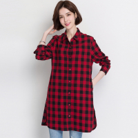 恒源祥2020秋季新款复古格纹衬衣外套中长款红色格子衬衫女长袖