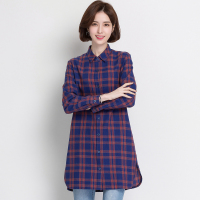 恒源祥2020慵懒风衬衣中长款宽松蓝格子衬衫女长袖春装纯棉上衣