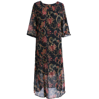 恒源祥2019春夏妈妈装雪纺连衣裙女圆领过膝印花裙中国风中长裙子