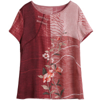 恒源祥短袖宽松大码印花套头T恤女装2019春夏季妈妈雪纺衫中国风