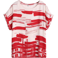 恒源祥春夏季新款雪纺T恤女短袖 宽松中老年印花上衣几何条纹衬衫