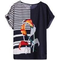 恒源祥2019春夏插肩袖印花上衣女宽松显瘦妈妈装套头圆领T恤汗衫