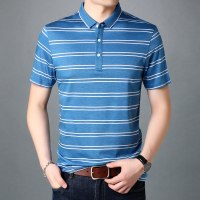 恒源祥条纹翻领短袖T恤男新款夏季柔软微弹短t中年夏装体恤