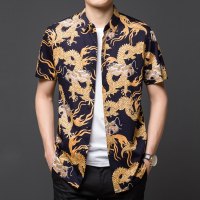 恒源祥男士短袖衬衫夏季薄款纯棉印花衬衣男时尚休闲上衣衬衫