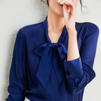 恒源祥真丝飘带衬衫女春装新款桑蚕丝纯色长袖上衣蝴蝶结衬衣