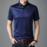 恒源祥夏季新款男装竖条纹翻领中年商务休闲含桑蚕丝短袖T恤