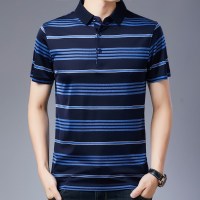 恒源祥100%桑蚕丝T恤男短袖夏季新款翻领撞色条纹中年爸爸Polo衫