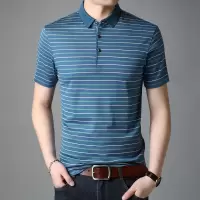 恒源祥夏季男新款条纹中年男士莱赛尔翻领短袖T恤含桑蚕丝Polo衫