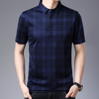恒源祥短袖T恤男100%桑蚕丝夏季新款中年条纹格子Polo衫真丝
