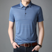 恒源祥夏季新款休闲翻领条纹男短袖T恤中年爸爸装含桑蚕丝Polo衫