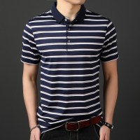 恒源祥夏装翻领套头条纹短袖T恤男士休闲中年短t含桑蚕丝体恤