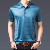 恒源祥夏季男新款条纹翻领含桑蚕丝短袖T恤中年爸爸装休闲Polo衫