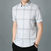 恒源祥短袖衬衫男夏季线条格子上衣方领亚麻中年休闲衬衣