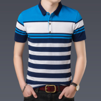 恒源祥夏季男装中年纯棉短袖T恤新款翻领条纹商务休闲polo衫