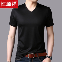 恒源祥短袖T恤男 2020夏季新款中年纯色体恤含桑蚕丝V领上衣水洗