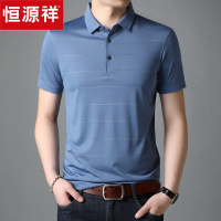 恒源祥夏季新款简约翻领条纹男短袖T恤中年爸爸装含桑蚕丝Polo衫