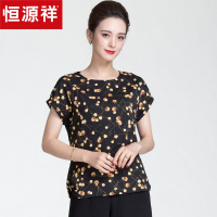 恒源祥60岁中老年妈妈短袖T恤夏装大码女装上衣宽松印花女雪纺衫