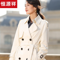 恒源祥复古双排扣风衣2020春新款干枯玫瑰色中长款外套女过膝大衣