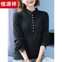 恒源祥半高木耳领针织衫女秋季新款套头纯色珍珠纽扣灯笼袖打底衫