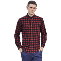 美式休闲秋季青年男士长袖衬衣修身红黑格子衬衫A91184SH011