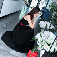 2018夏装新款吊带收腰压褶雪纺长裙连衣裙