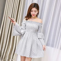 2018春新款一字领荷叶边喇叭袖松紧条纹A字连衣裙