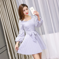 2018春新款小方领绑带收腰灯笼袖条纹连衣裙女韩版