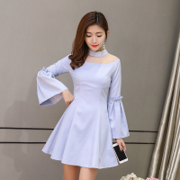 2018春新款网纱拼接收腰A字连衣裙喇叭袖小礼服裙