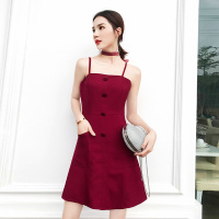 2018夏装新款吊带单排扣A字连衣裙