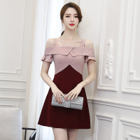 2018夏装新款漏肩吊带撞色收腰A字连衣裙