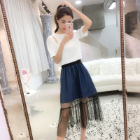 2018夏季个性短袖T+牛仔拼网纱半身裙两件套