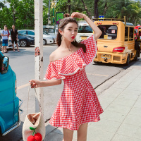 2018夏装 露肩格子一字肩连衣裙