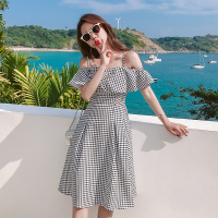 2018夏装港味露肩千鸟格子吊带裙一字肩连衣裙