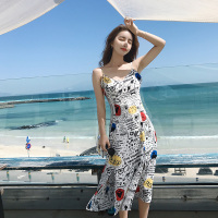 2018夏季新品女装修身海报印花时尚吊带连衣裙