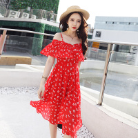 夏装 雪纺吊带一字露肩 压褶 连衣裙