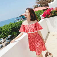 2018夏装新款格子显瘦性感荷叶边一字肩连衣裙女
