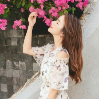 2018夏装新款荷叶边印花露肩短袖连衣裙短裙子女