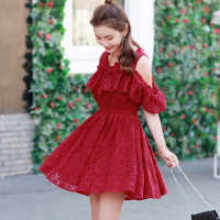 红色蕾丝海边度假裙马尔代夫露肩海滩连衣裙