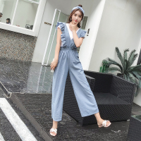 频条纹连体阔腿裤+短袖白T恤上衣两件套女