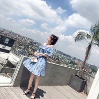 2018夏季度假风高腰一字肩雪纺碎花连衣裙