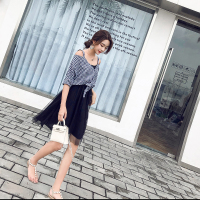 2018夏季冷淡风格子拼网纱假两件露肩连衣裙